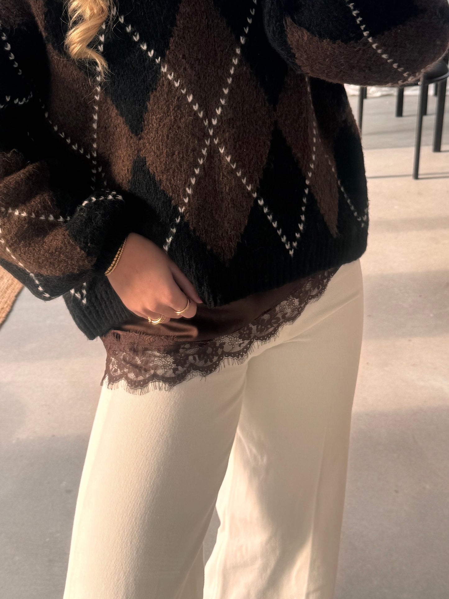 Satin Kanten Top Bruin