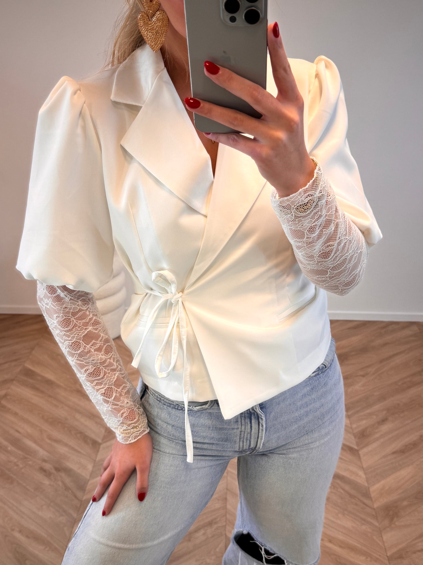 Ella Kanten Puff Blazer Wit