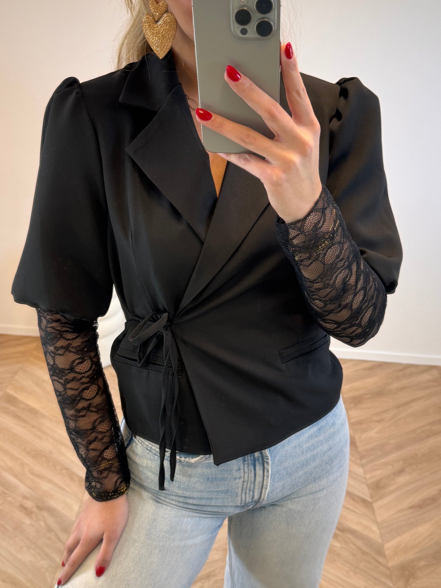 Ella Kanten Puff Blazer Zwart