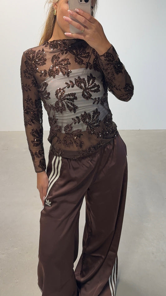 Jade Mesh Glitter Top Bruin
