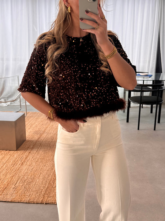 Merel Glitter Top Bruin