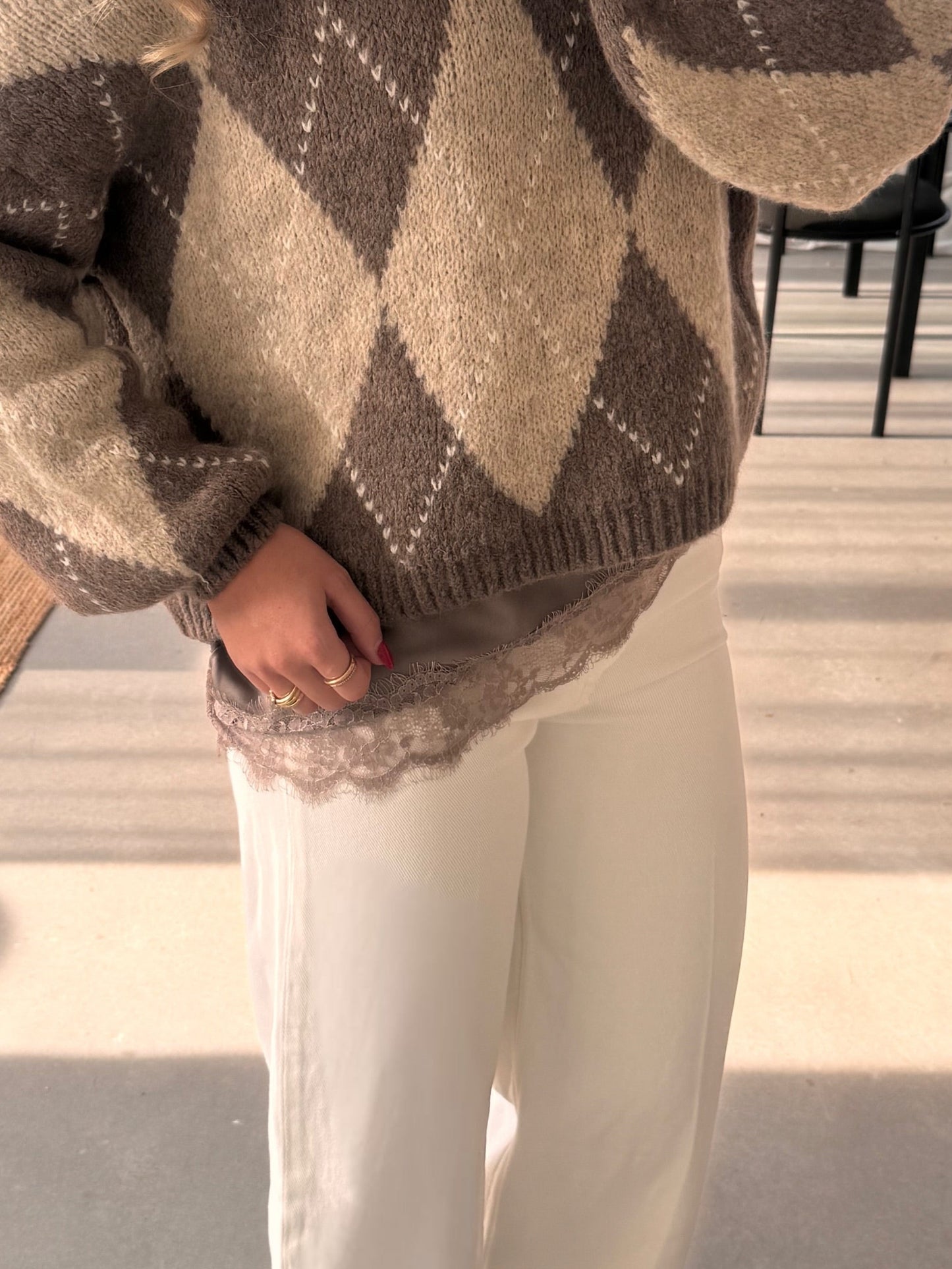 Satin Kanten Top Zilver/Taupe