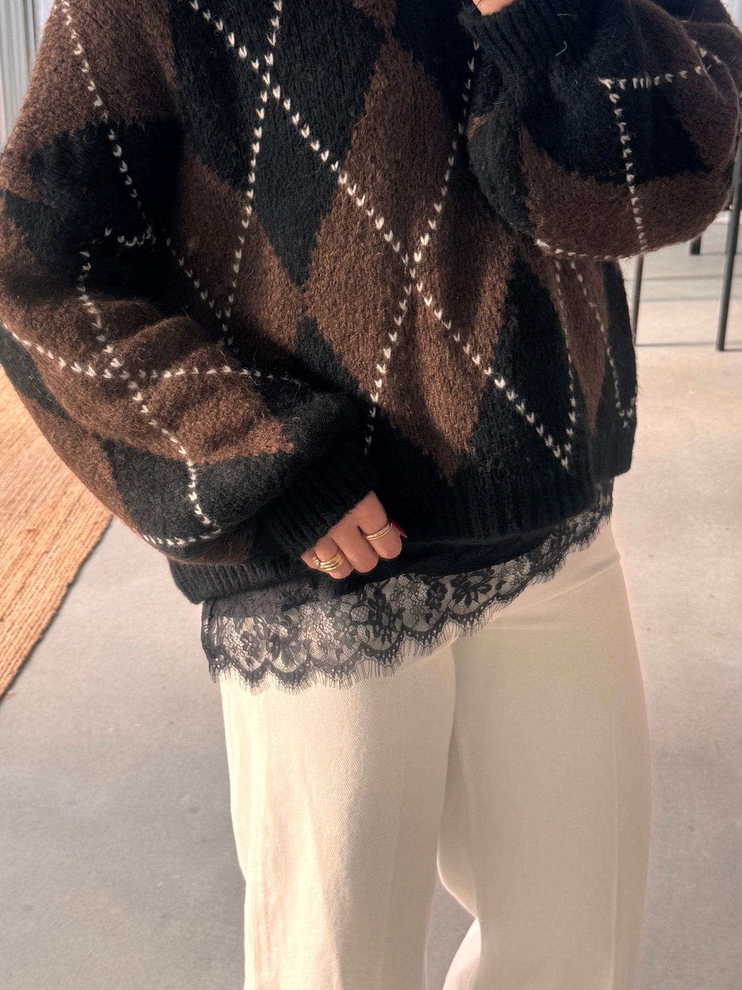 Satin Kanten Top Zwart