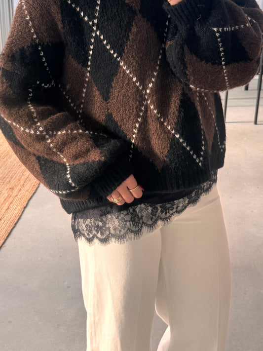 Satin Kanten Top Zwart